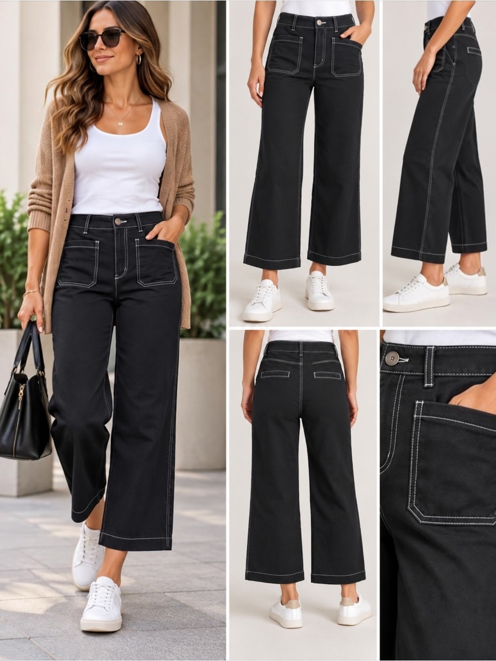 LOFT The Palmer Wide Leg Crop Pants Size 8 Black Contrast Stitch High Rise